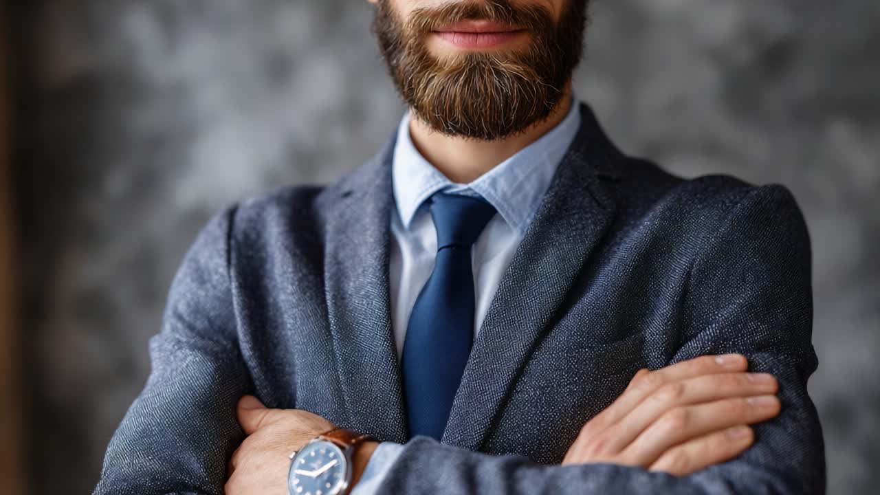 A Confident Professional Man with a Well-Groomed Beard and Stylish Attire, Crossed Arms in Front of a Subtle, Textured Background, Exuding Charisma and Authority