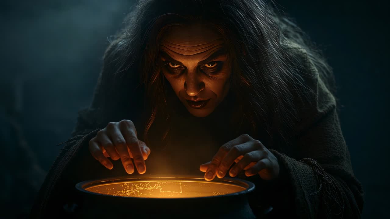 Cauldron bubbling, witch in robe stirring glowing orange liquid in chamber, ritual brewing