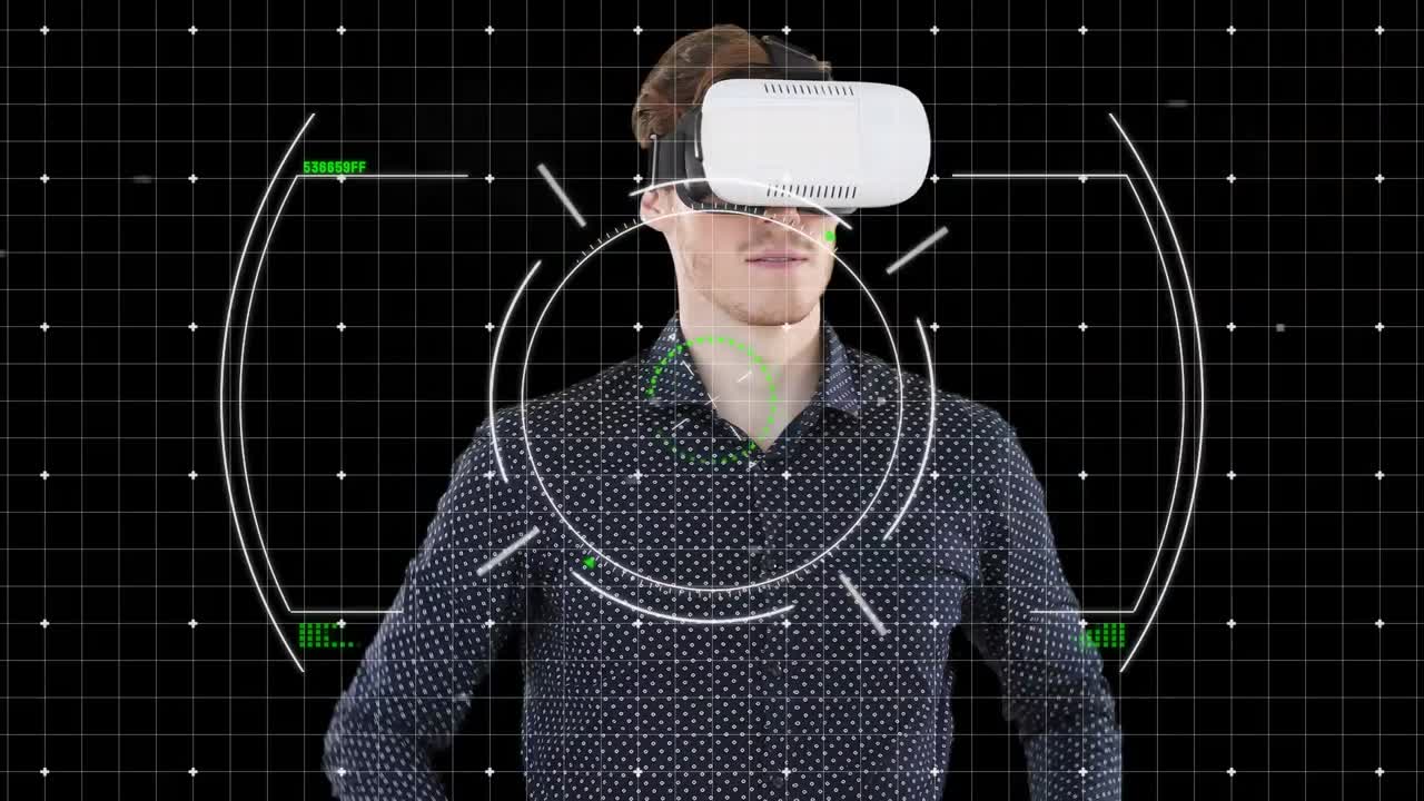animación del procesamiento de datos sobre un hombre de negocios caucásico usando auriculares vr
