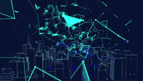 Animation of digital city over network of connections on black background