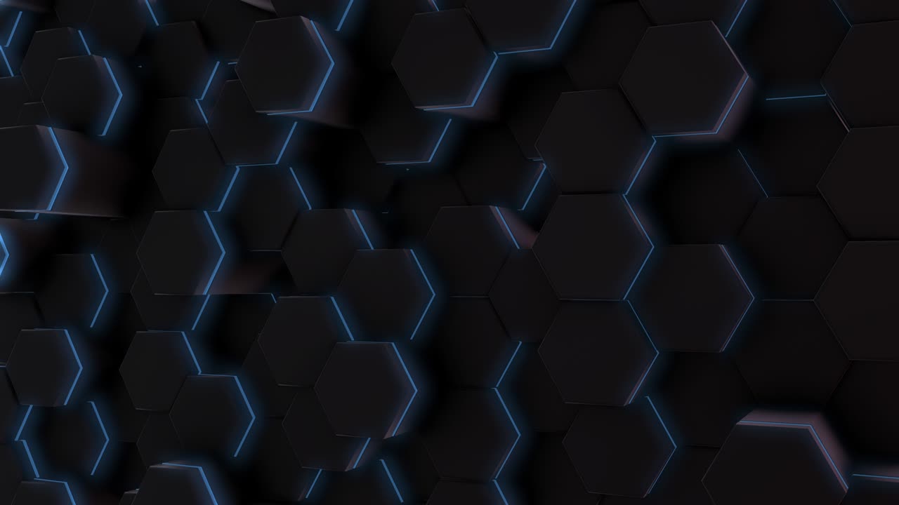 Black futuristic prismatic hexagons, honeycomb, six, movement on a minimalistic background. The concept of design and technology. 3d animation. Neon strip. Camera movement
