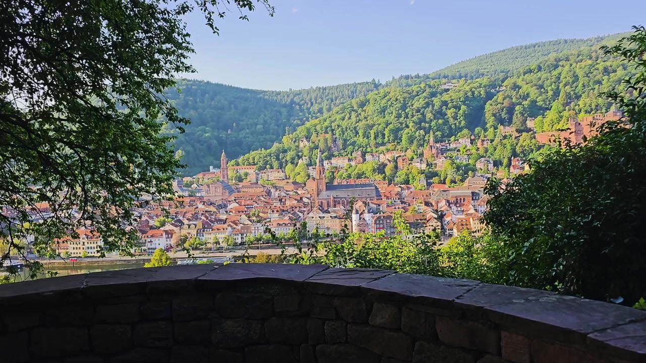 Panoramica della città di Heidelberg da un punto di vista elevato, con alberi frondosi che incorniciano, edifici storici del centro, campanili di chiese, tetti di tegole rosse, colline boscose e il fiume sottostante in una giornata di sole.