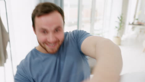 man, fun and pillow fight in house bedroom