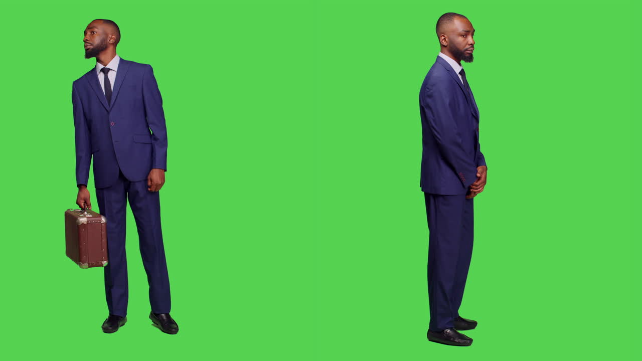 Empresário afro-americano de terno com pasta na tela verde