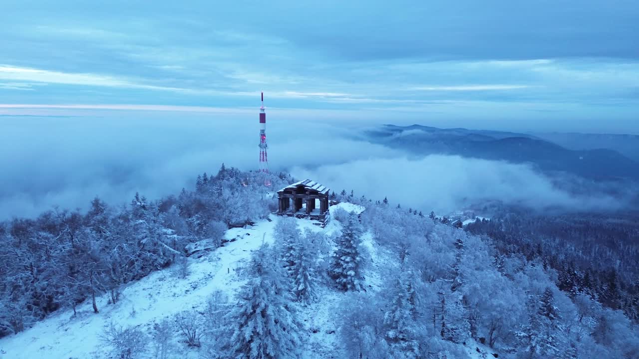 Winter Aerial view of the Temple du Donon in the Vosges