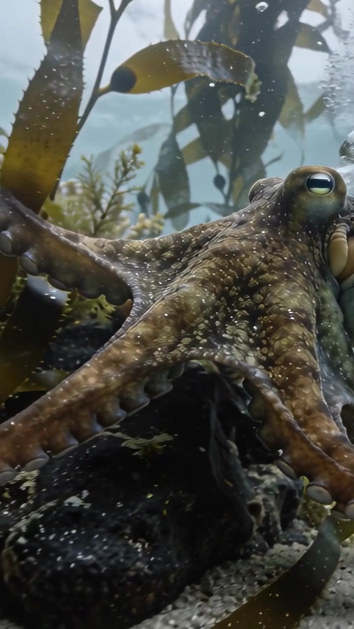 Vertical video: Shifting octopus lifting arms and probing kelp forest sand as fronds brush