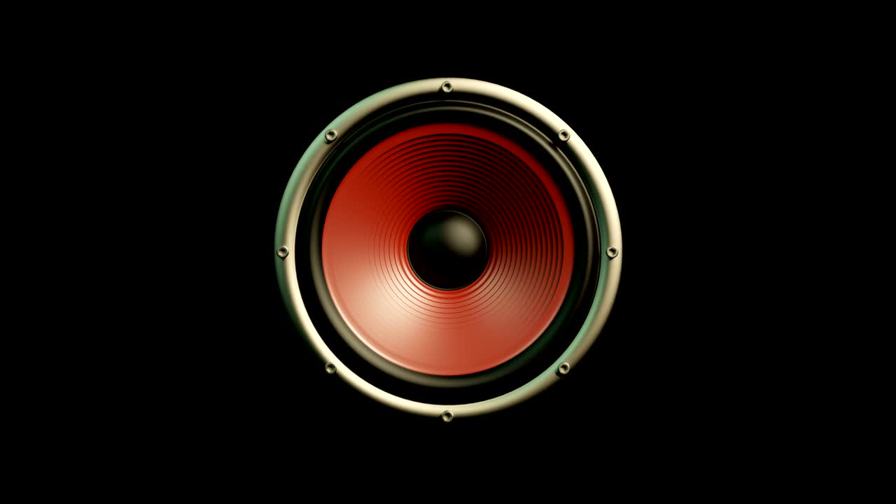Audio speaker with red membrane isolated on black playing modern music loop