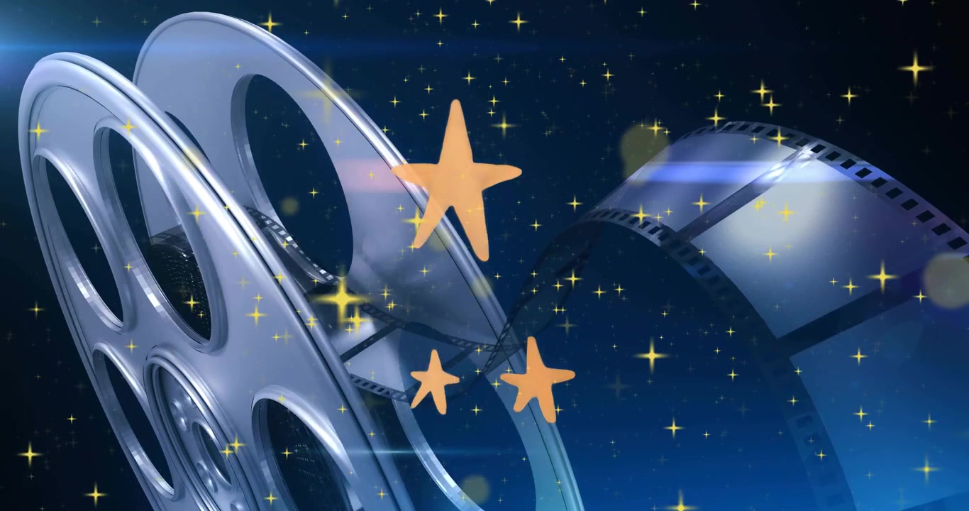 Beim Start der Wiedergabe dreht sich eine silberne Filmrolle, orangefarbene Sterne schweben nach oben, Funkeln glitzert für Logo-Intro