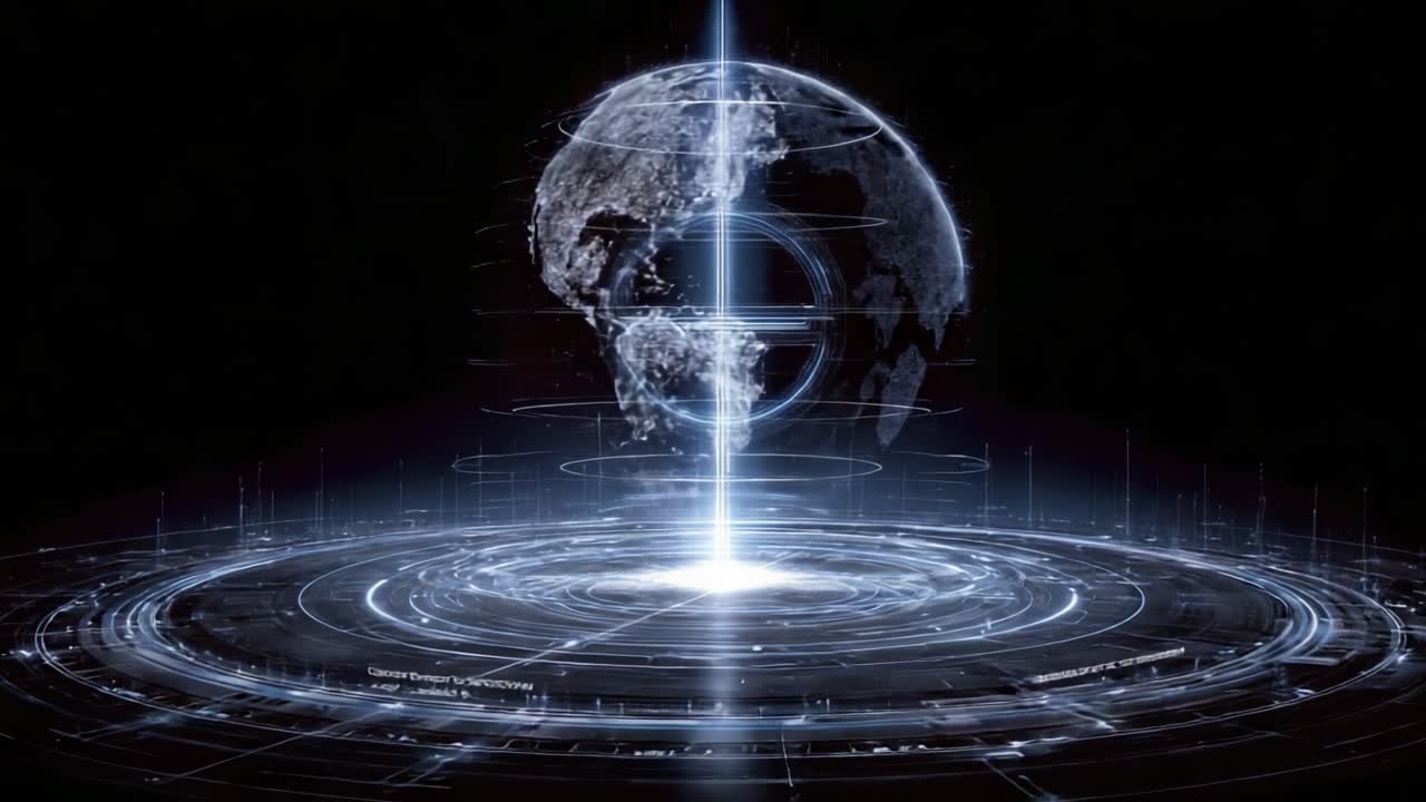 Dynamic Visualization of a Rotating Planetary Model with Light Emissions and Geometric Patterns Depicting a Cosmic Phenomenon in a Futuristic Environment