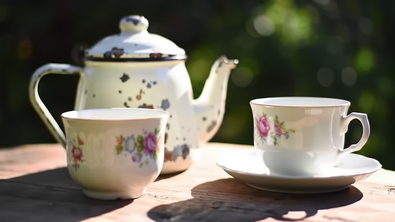 A Charming Arrangement of Vintage Tea Set: Elegant Porcelain Teapot and Cups with Floral Designs on a Warm Day's Reflection