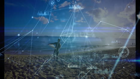 man holding surfboard facing ocean on beach, with holographic technology network and bar charts