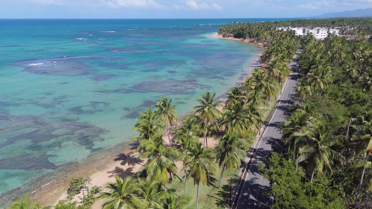 Vista aerea di una strada costiera con palme lungo la Playa el Portillo a Las Terrenas, penisola di Samaná, Repubblica Dominicana.
