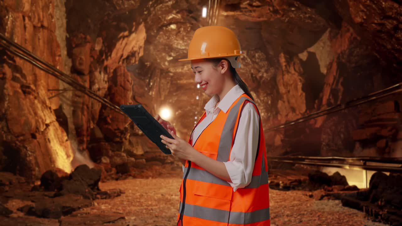 Female Engineer Working in a Mine Tunnel