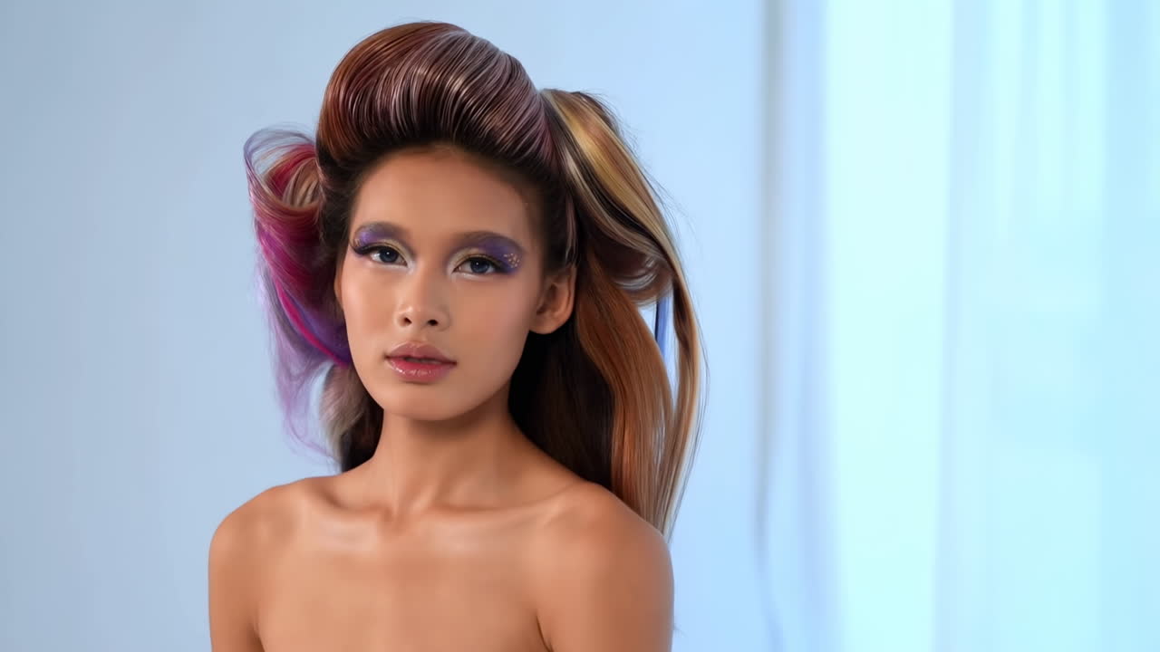 Ritratto di una bella donna con trucco e acconciatura colorati