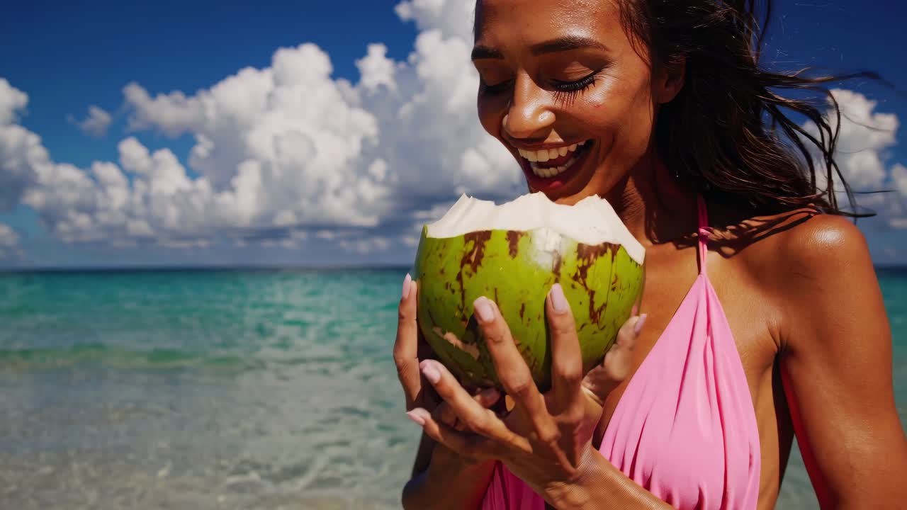 mujer disfrutando de un coco en una playa tropical