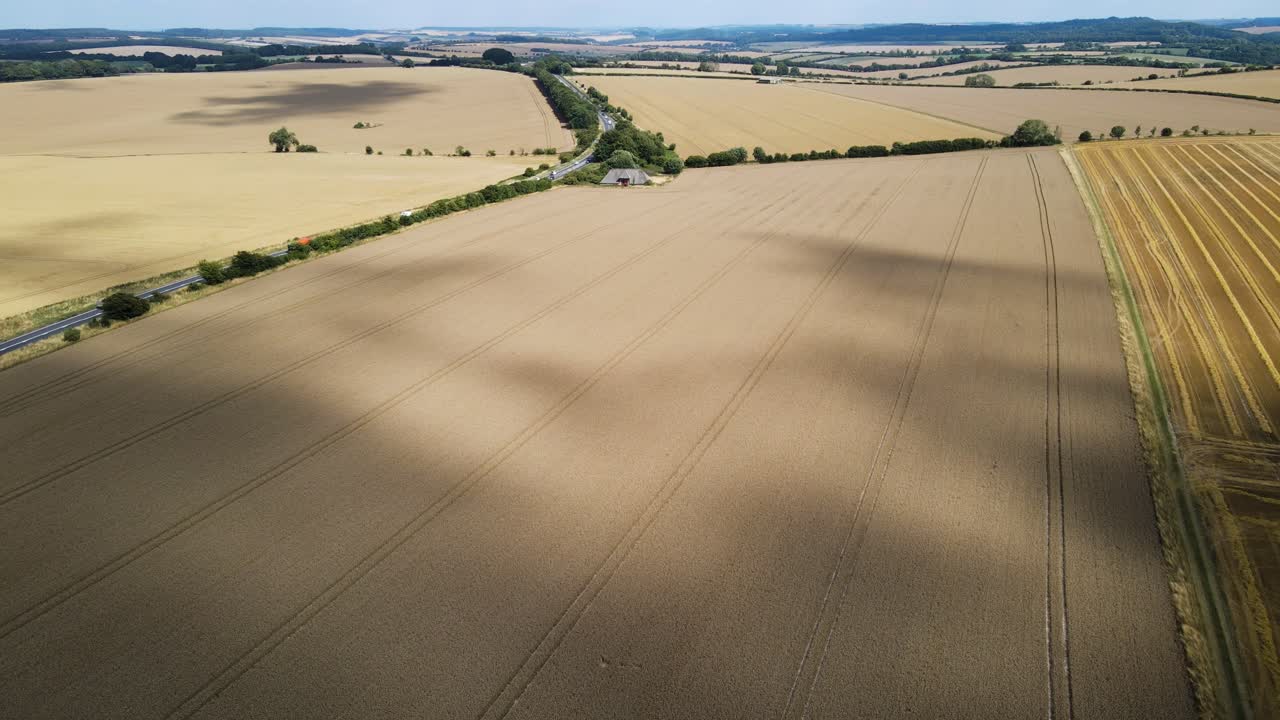 Drone flight over vast golden wheat fields in the South West UK showing sweeping farmland patterns and wide agricultural landscapes