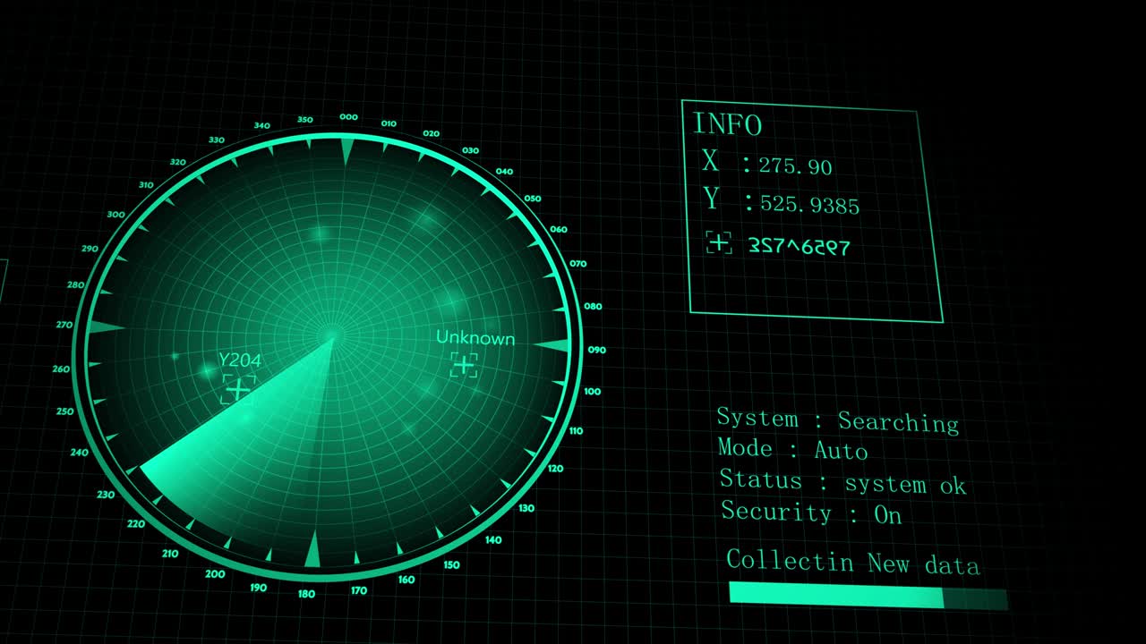 적의 항공기 및 선박에 대한 레이더 스캐너 검색: 4k 해상도 이상의 레이더 스캔의 3d 뷰.