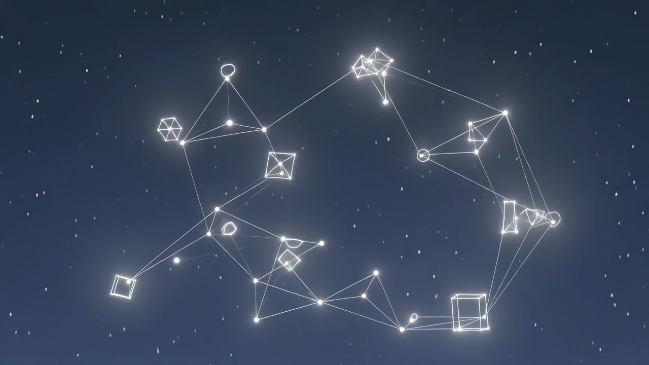Emerging glowing ring of nodes linked by lines brightening in night sky, with cubes polyhedra halos