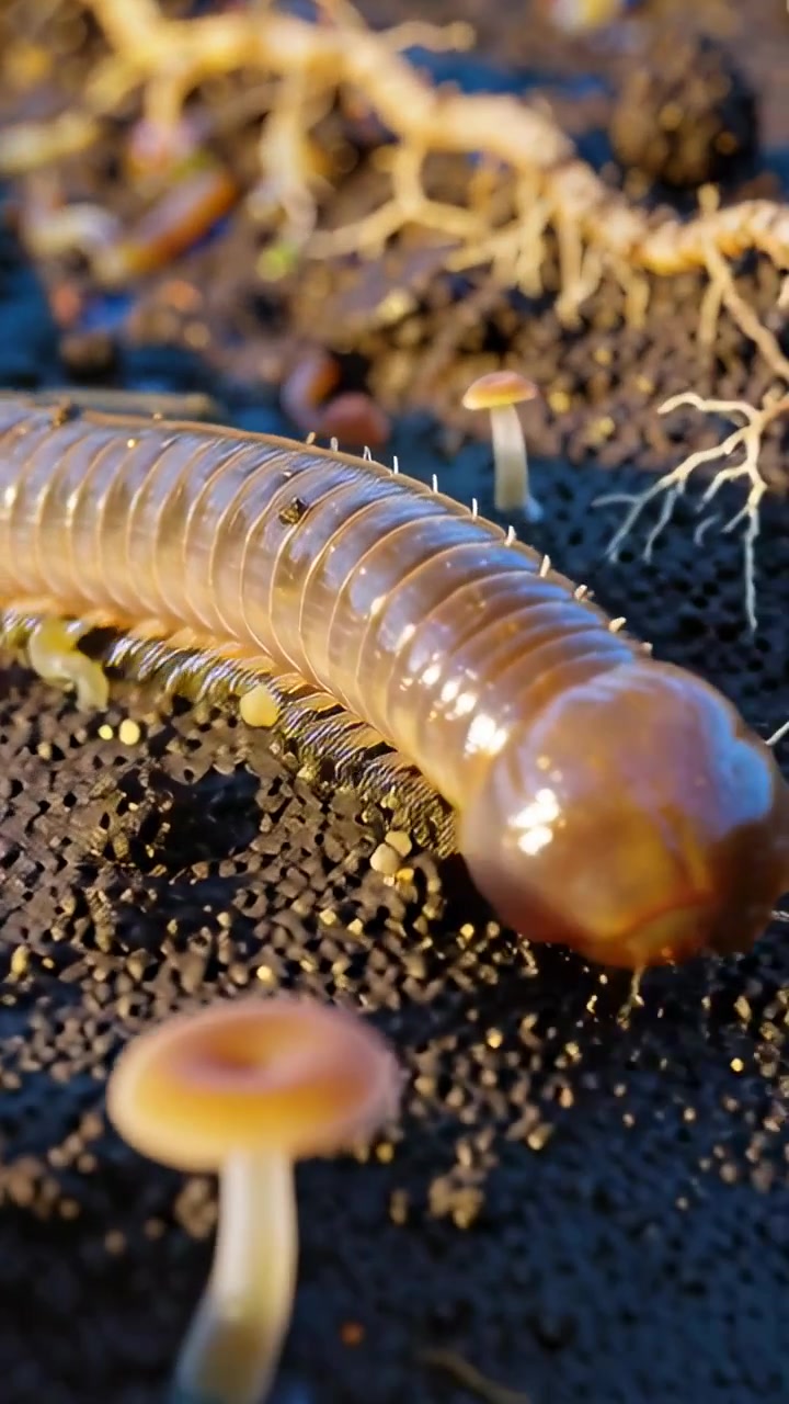 Vídeo vertical: Capturando milípede brilhante rastejando em solo úmido com pequenos cogumelos
