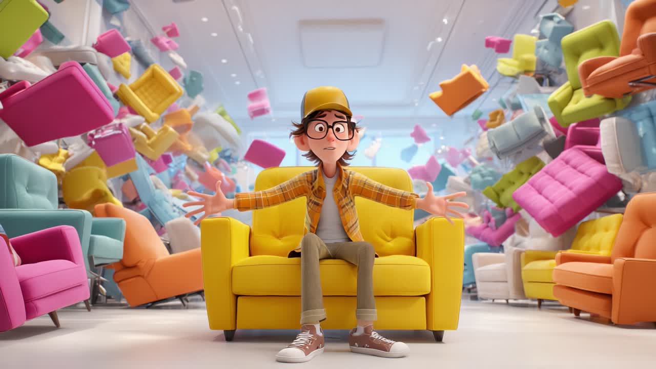 A whimsical scene featuring a surprised character sitting on a vibrant yellow couch, surrounded by a chaotic explosion of colorful furniture floating through the air in a surreal, animated environment