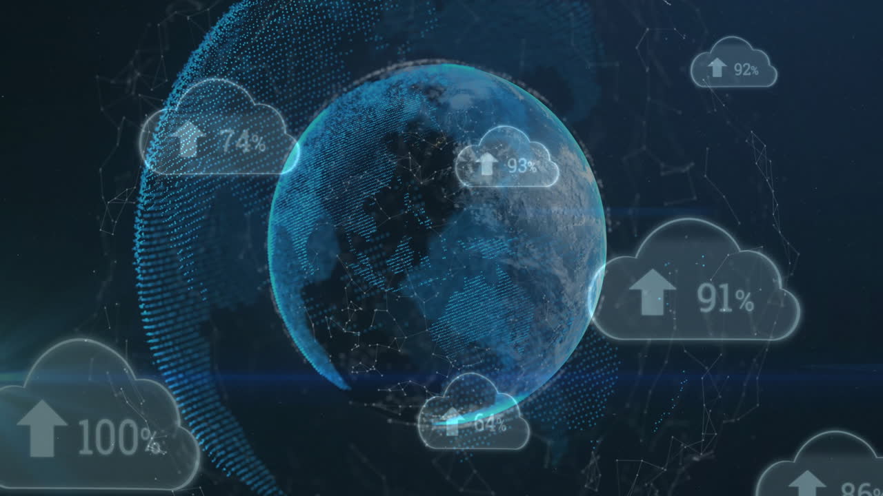 Animation of clouds with percentage and arrow over globes on black background