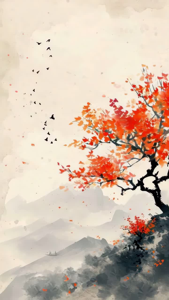 Un video concept di un paesaggio sereno che mostra un albero con foglie rosse vibranti da una angolazione bassa