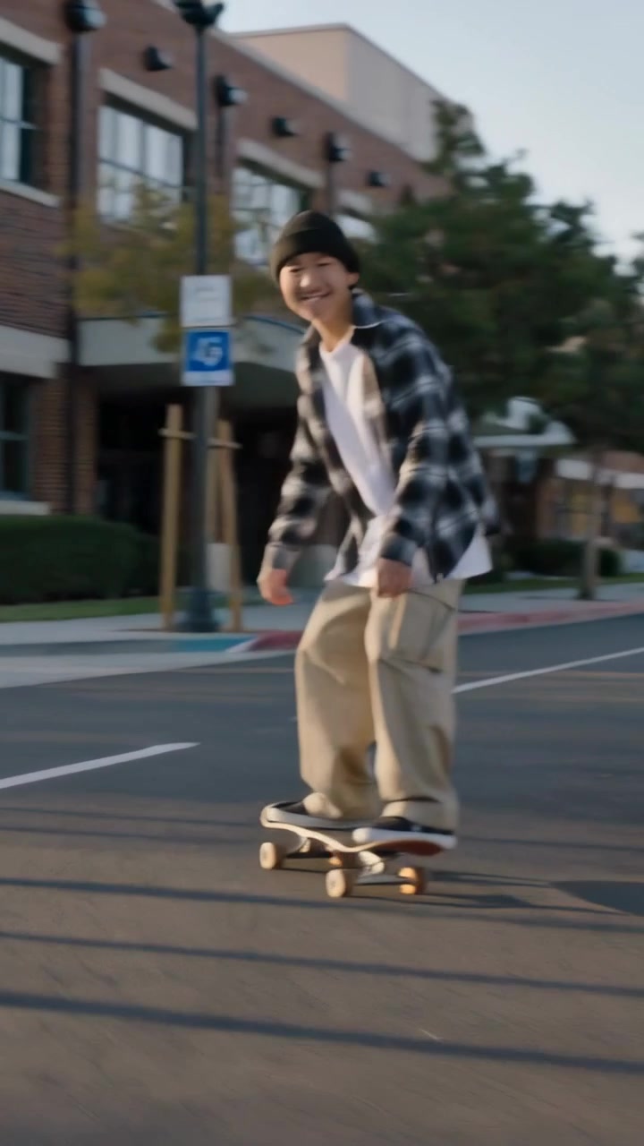 Video verticale: Asiatico in plaid che va a lezione in skateboard lungo la strada del campus con ciclisti al seguito