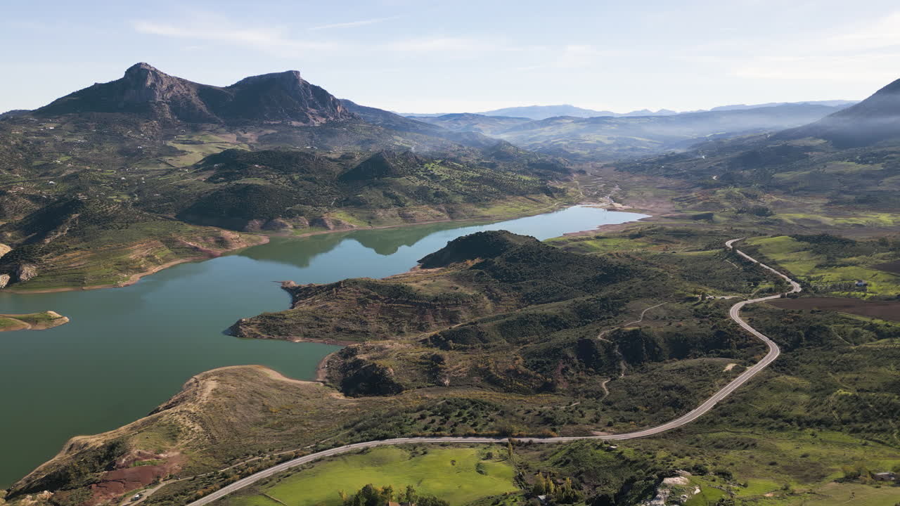Drone over Zahara-el Gastor Reservoir, southern Spain. Beautiful Lake.