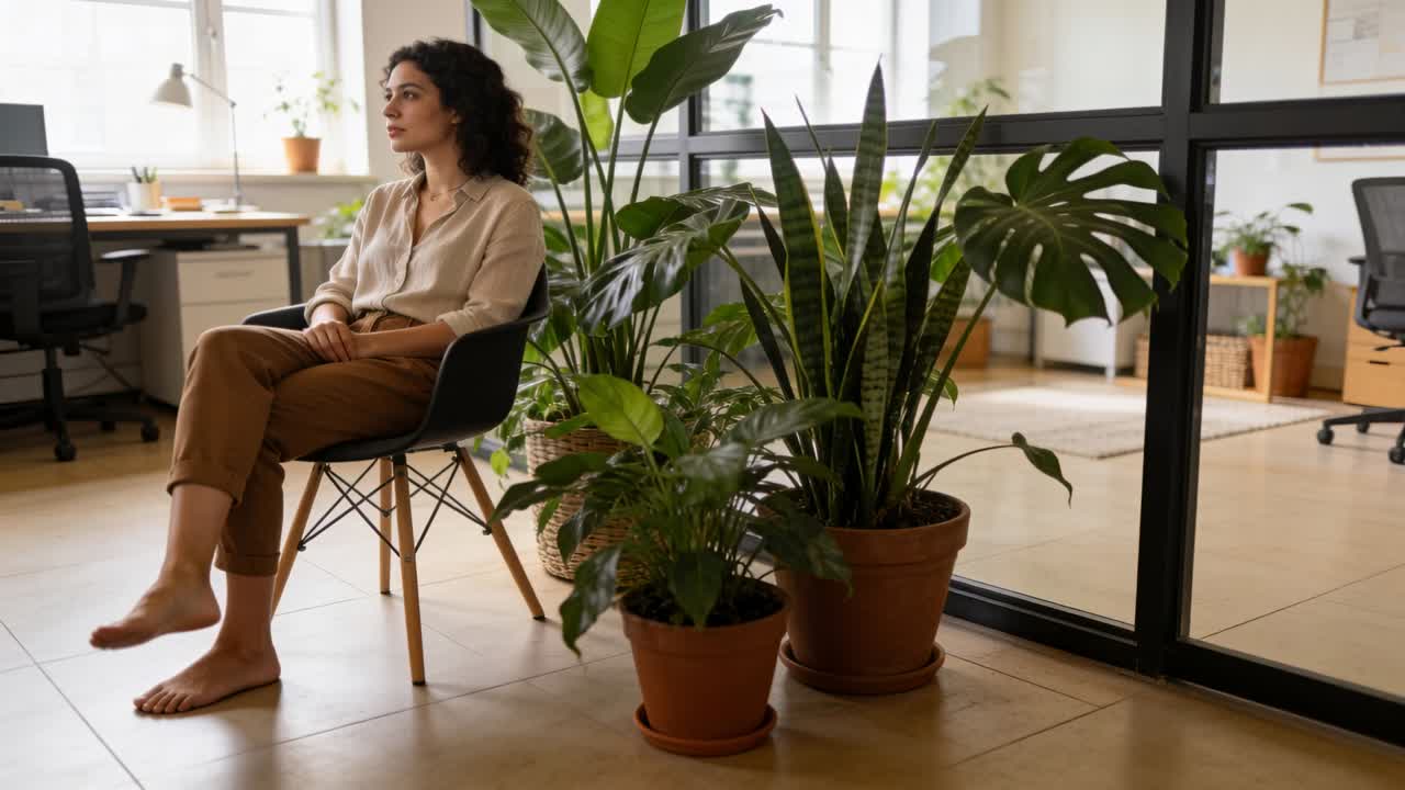 Guardando a sinistra, donna a piedi nudi con camicetta beige e pantaloni color cuoio che aggiusta la postura su una sedia sagomata per maggiore comodità