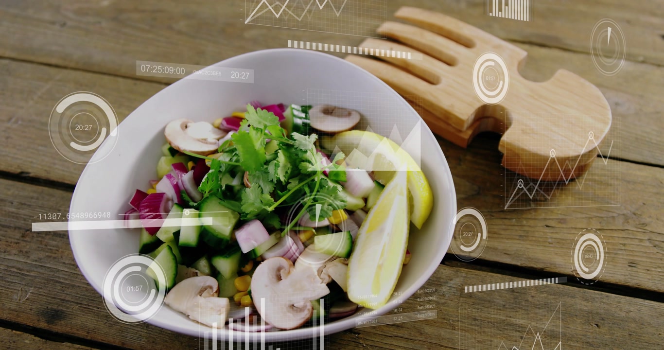 Camera shifting, zooming while bowl centering, wood server top-right, HUD floating, showing salad