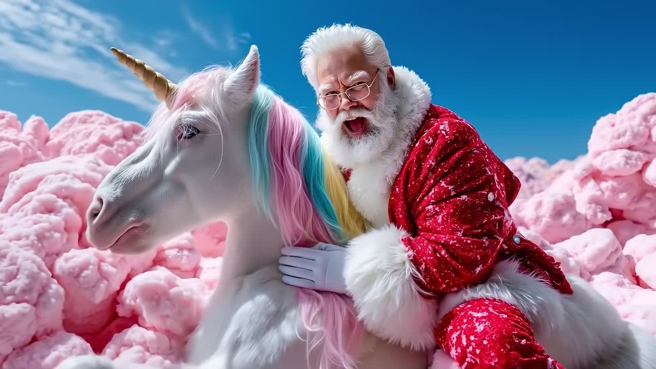 A man dressed as Santa Claus riding a unicorn in a field of cotton candy