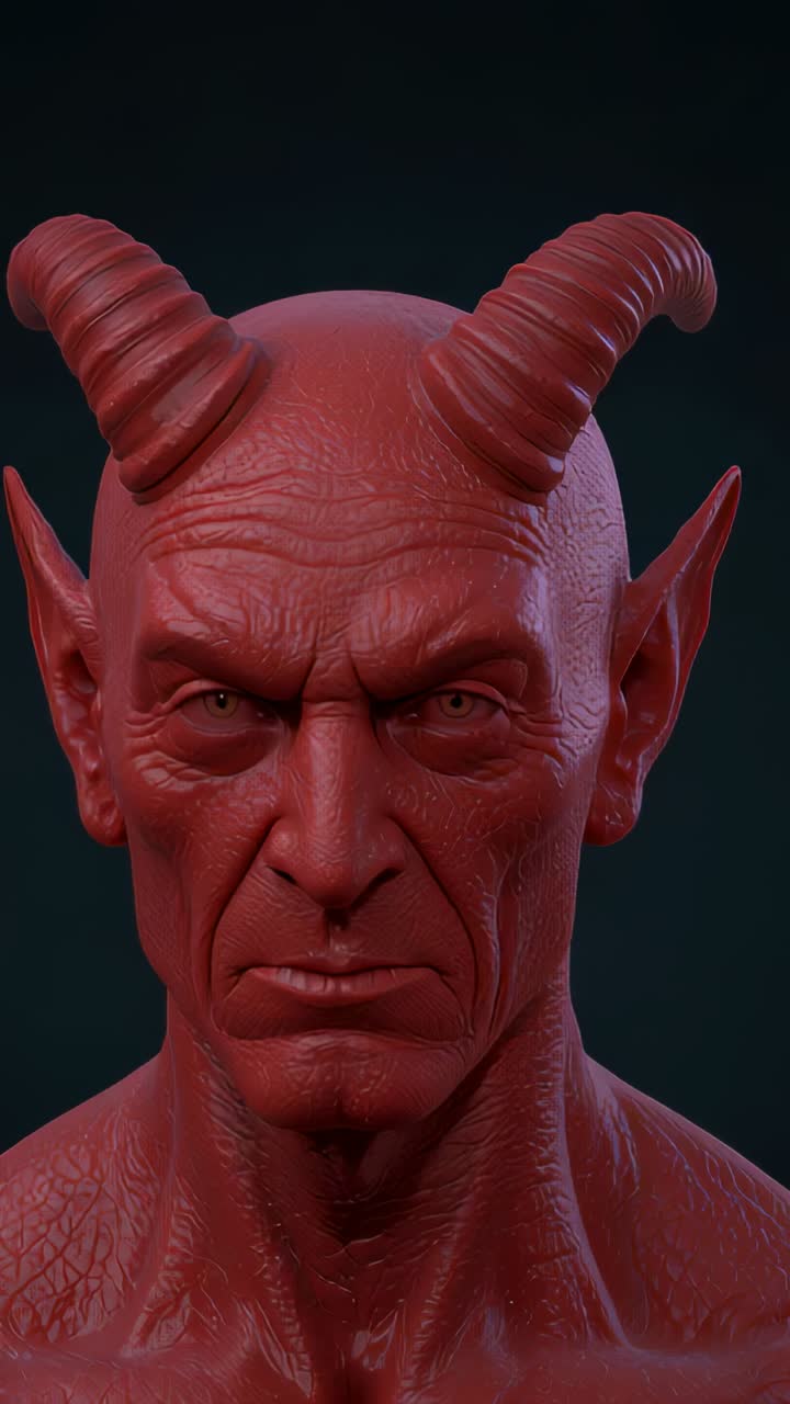 Vertical video: After pause camera panning around red demon bust in studio, showing spiraling horns