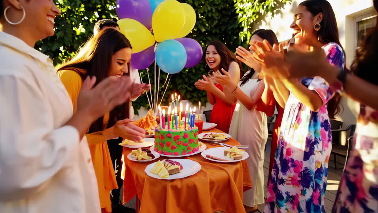 Joyful birthday celebration among friends with cake and balloons