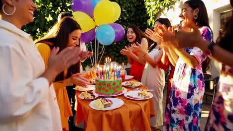 joyful birthday celebration among friends with cake and balloons