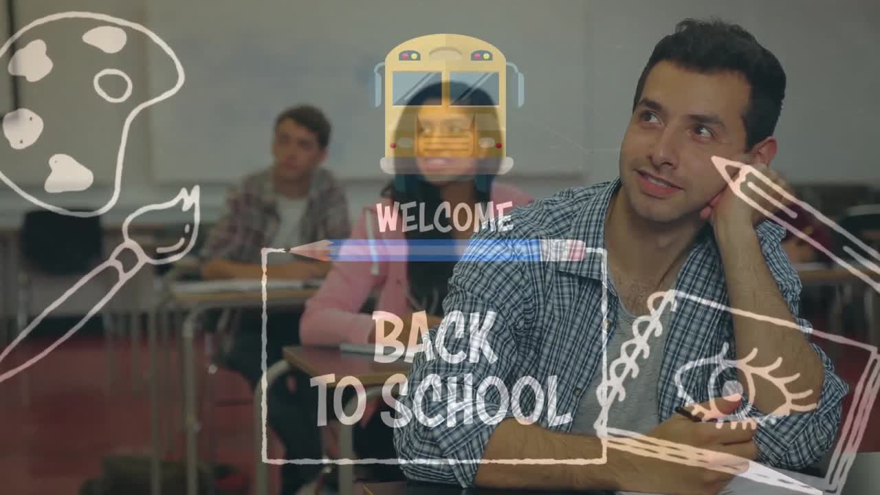 Animation of school icons and welcome back to school over diverse students