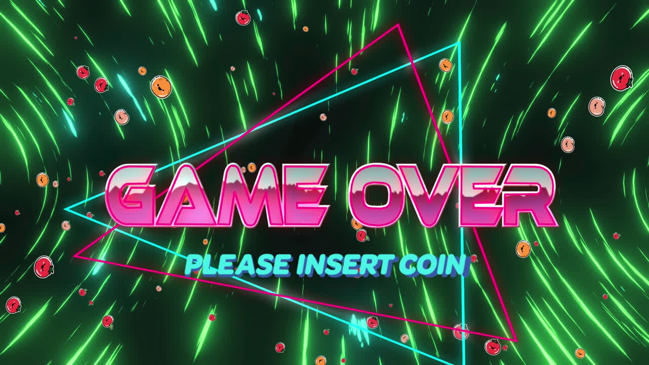 검은색 배경에 회전하는 이모지 아이콘과 녹색 빛 트레일을 통해 텍스트를 통해 게임의 애니메이션