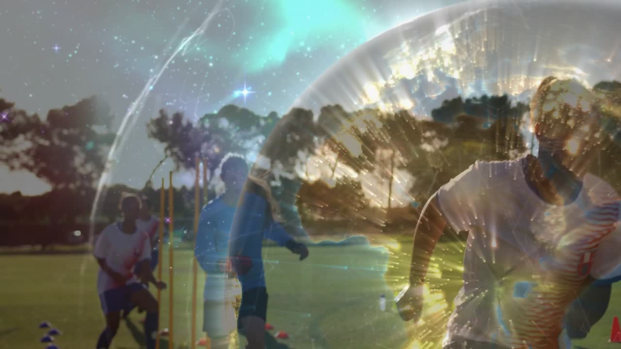 Lead player starting drill, jumping hurdles and cutting cones for training, cosmic overlay blending