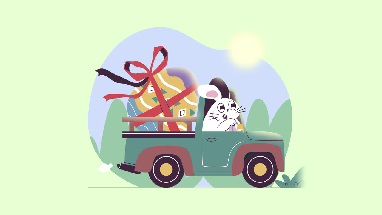 이스터 토끼가 큰 이스터 달과 함께 트럭을 운전하고 있습니다.