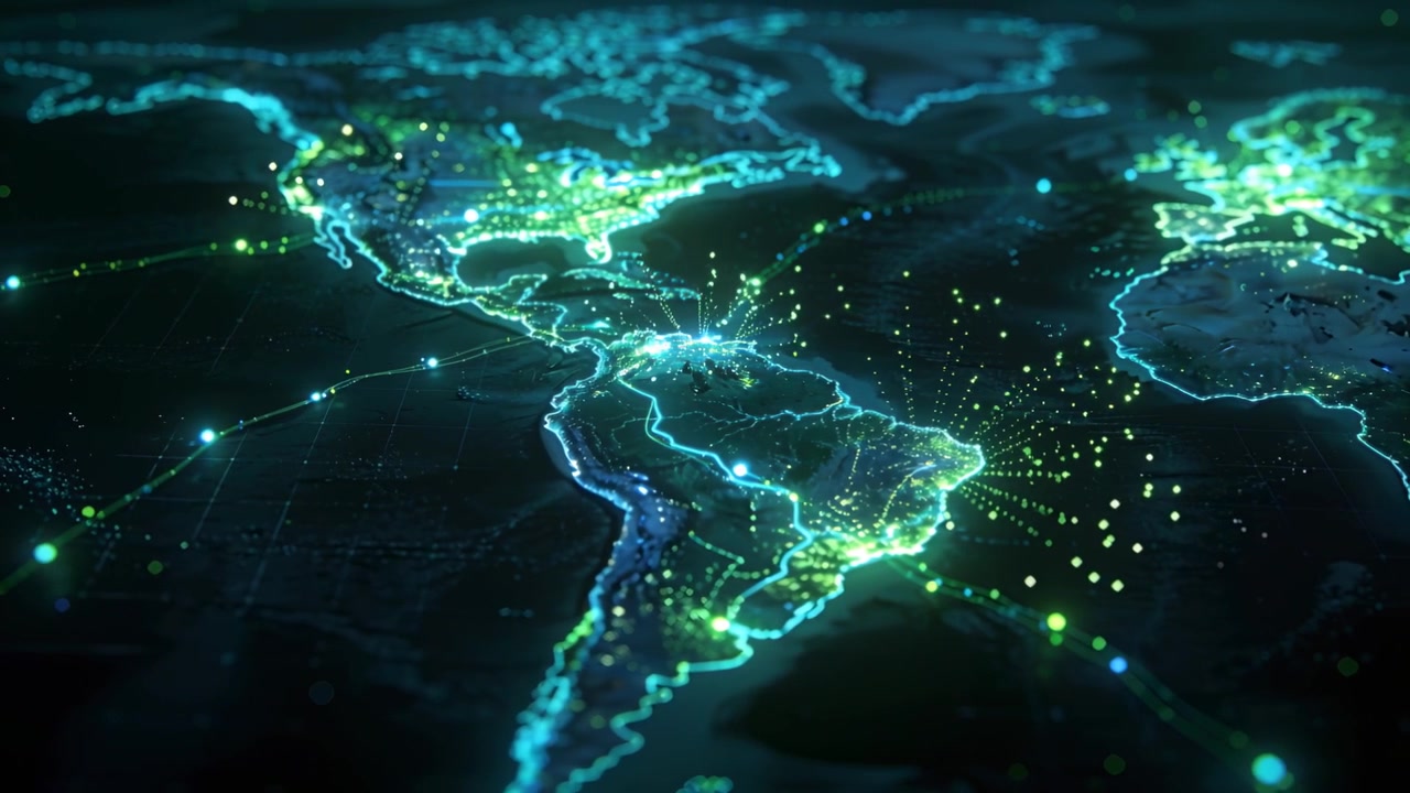 Cámara haciendo un paneo revelando un mapa 3D iluminado de las Américas, resaltando costas de neón y nodos pulsantes