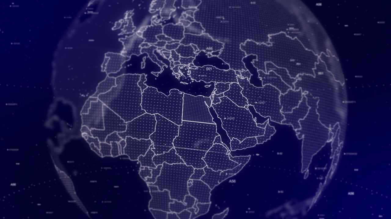 영화적 인 비디오 배경 은 이집트 나라 를 확대 하여 회전 하는 디지털 지구 를 보여 줍니다