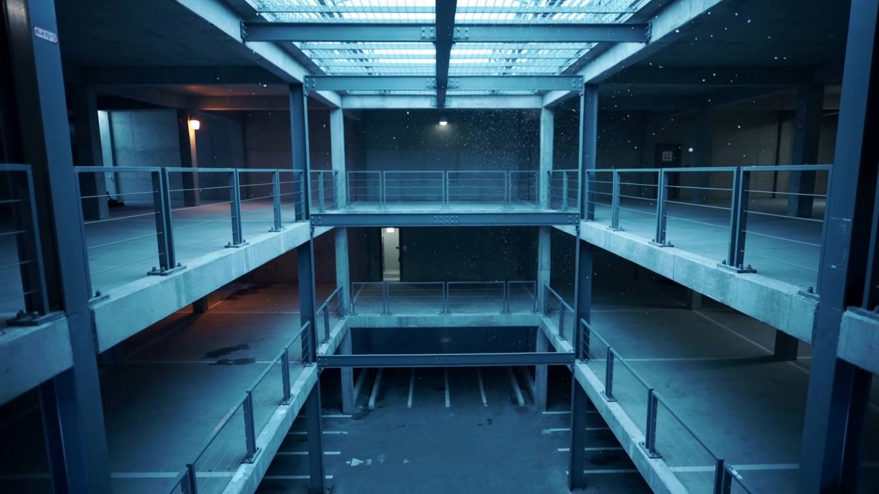 Drifting particles falling through three-level atrium from skylight, passing columns, rails