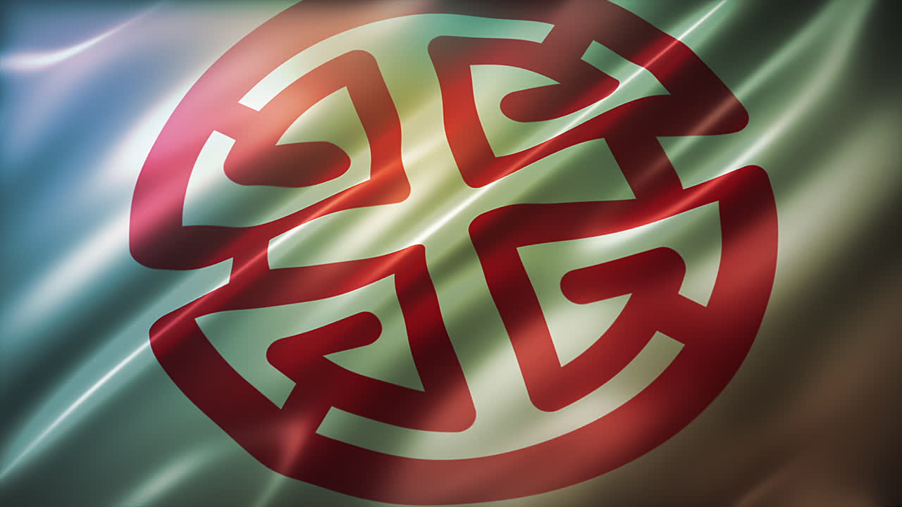 지 기호 빨간 발, 포 뷰, 높은 각도, 반이는, 우아한 실크 텍스처, 바람에 흔들리는, 영화 같은 외관, 현실적인 4k cg 애니메이션, 우아하고 느린 동작, 불이없는 루프 가능