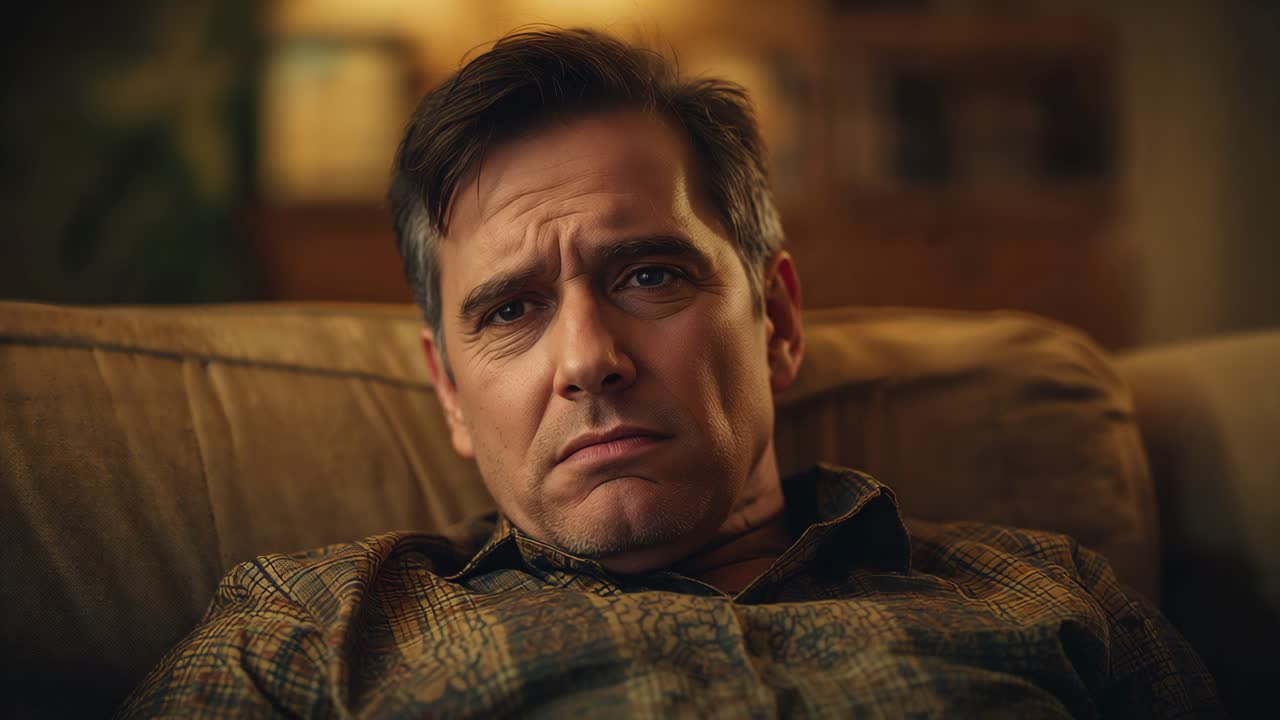 Hearing off-screen sound, middle-aged man shifting gaze and tightening lips on sofa, plaid shirt