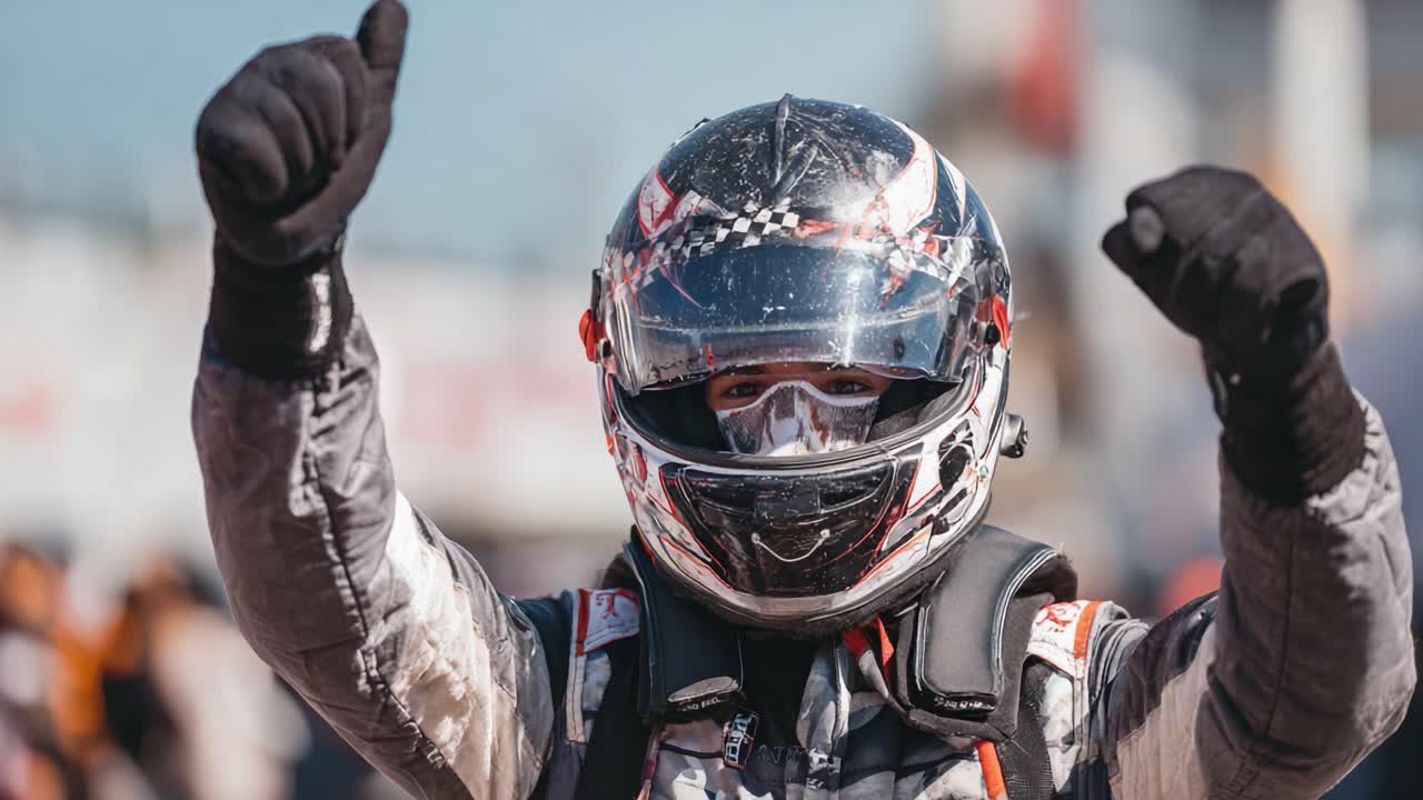 Excitement and Triumph: A Celebratory Moment in Motorsport as the Racer Cheers with Enthusiasm After a Successful Event