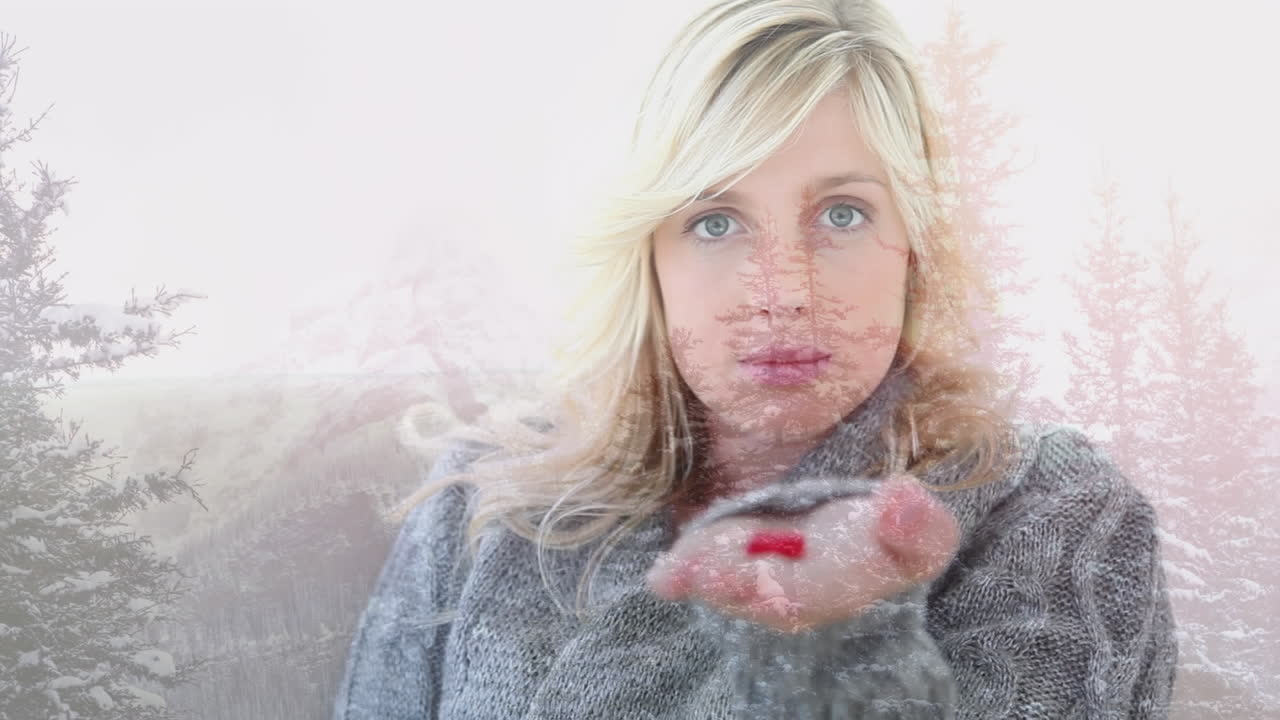 ⁇ 은 알약을  ⁇ 은 손으로 들고 있는 여성의 애니메이션, 안개 같은 산 풍경 위에서