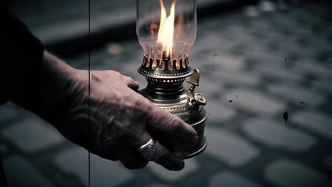 the warm glow of nostalgia: a hand holding an illuminated oil lamp captured in two moments, evoking the serenity of simpler times