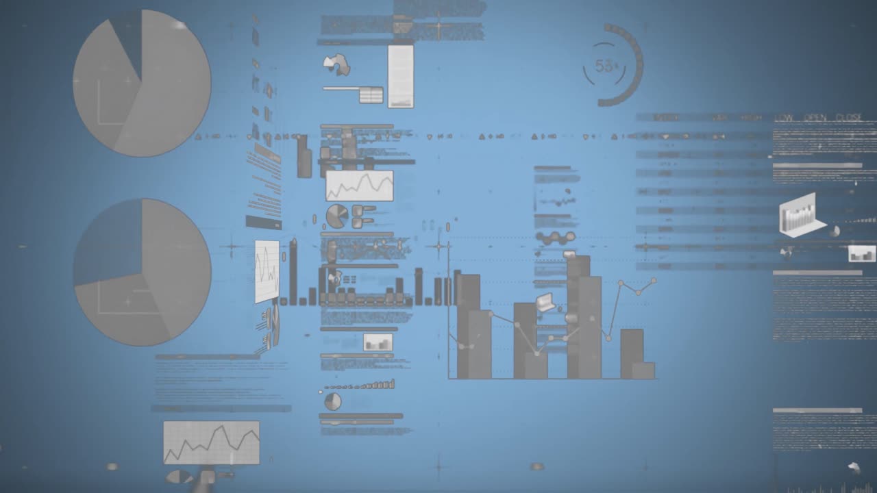 Animation of financial data processing over blue background