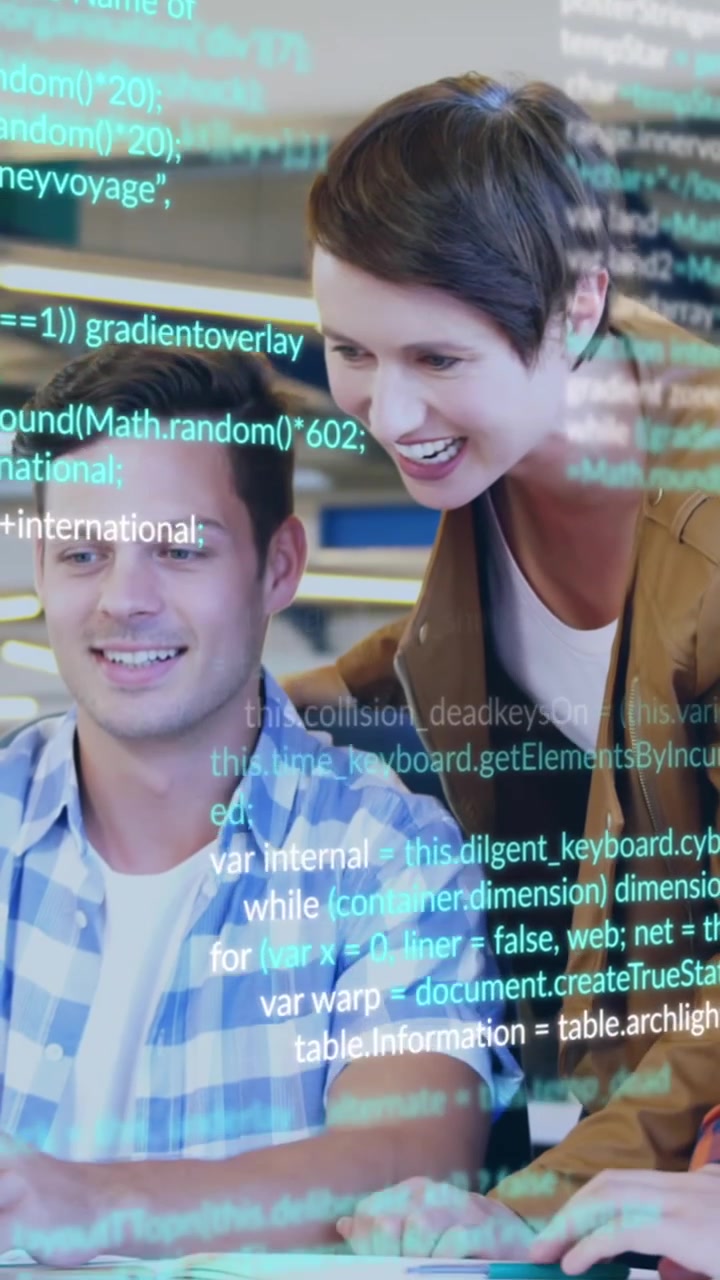 Animation of multicolored computer language, caucasian coworkers sharing ideas in office