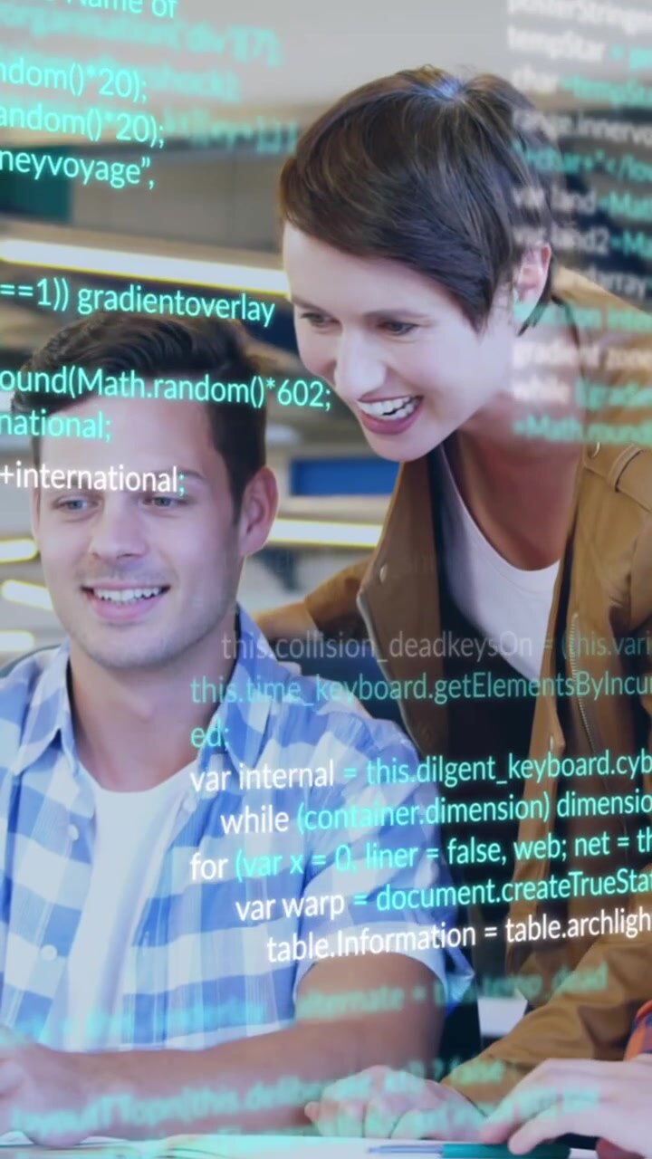 Animation of multicolored computer language, caucasian coworkers sharing ideas in office