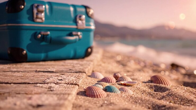 Una vivace valigia blu adagiata su una serena riva della spiaggia, circondata da conchiglie colorate e onde calme, catturando l'essenza del relax estivo.
